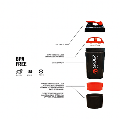 Spider Gym Protein Shaker Bottle | 500ml | Leak-Proof Mixer with 2 Storage Compartments