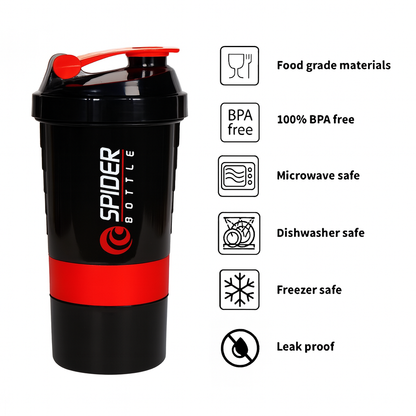 Spider Gym Protein Shaker Bottle | 500ml | Leak-Proof Mixer with 2 Storage Compartments