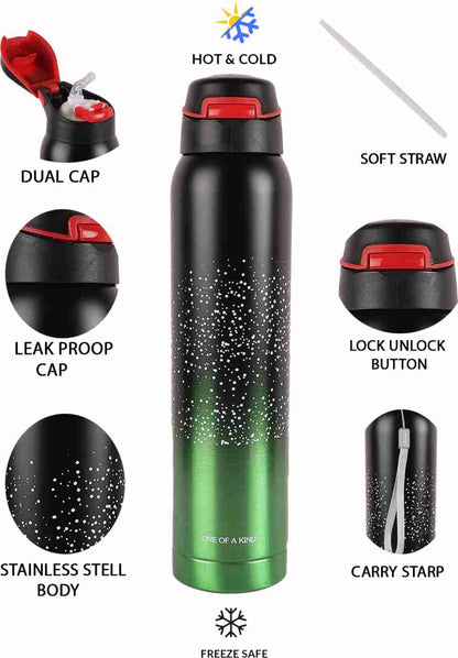 Hot & Cold Stainless Steel Water Bottle | 500ml | Dual Cap, Leak-Proof, with Straw & Carry Strap