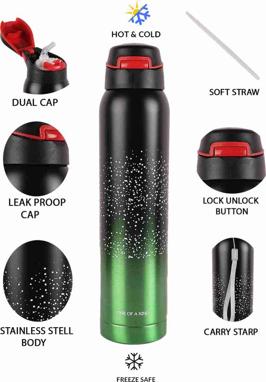 Hot & Cold Stainless Steel Water Bottle | 500ml | Dual Cap, Leak-Proof, with Straw & Carry Strap