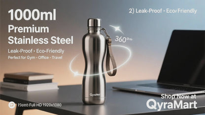 QyraMart™ Curved Stainless Steel Water Bottle | 1000ml | Leak-Proof & Travel Friendly